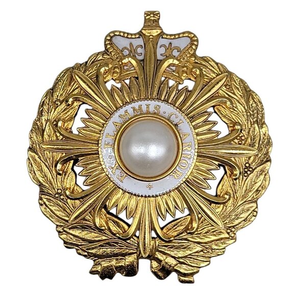 Vtg Masonic Ex Flammis Clarior Crown Brooch Gold Plated Faux Pearl Fleur-de-lis - Picture 1 of 9
